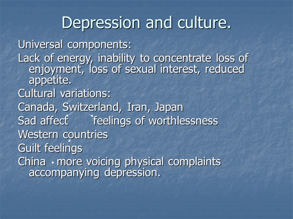 Depression and culture. Universal components: Lack of energy, inability to concentrate loss of enjoyment,